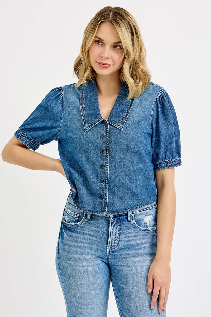 RISEN Button Down Puff Sleeve Crop Denim Shirt Tops
