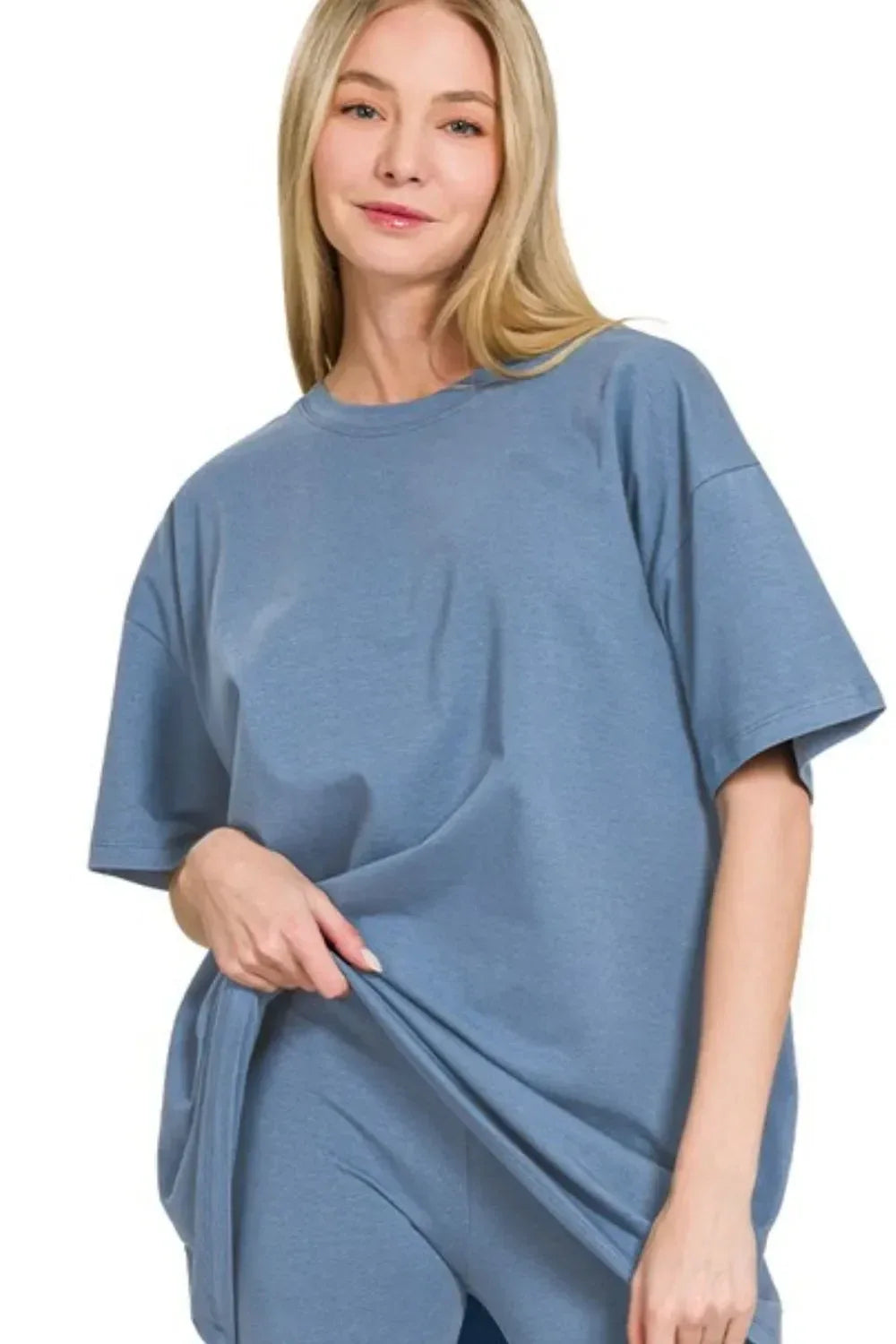 Zenana Cotton Round Neck Top & Biker Shorts - DAVERRI FASHIONS