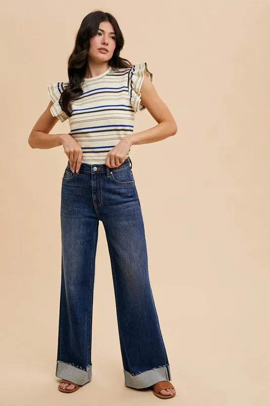 Annie Wear Multi Stripe Ruffle Sleeve Textured Knit Top