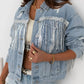 Sequin Fringe Trim Distressed Button Up Denim Jacket - DAVERRI FASHIONS
