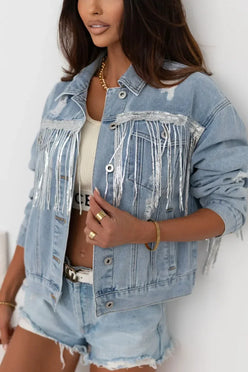 Sequin Fringe Trim Distressed Button Up Denim Jacket - DAVERRI FASHIONS