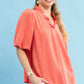 Coral Umgee linen scallop trim V-neck blouse with ruffles and puffed sleeves