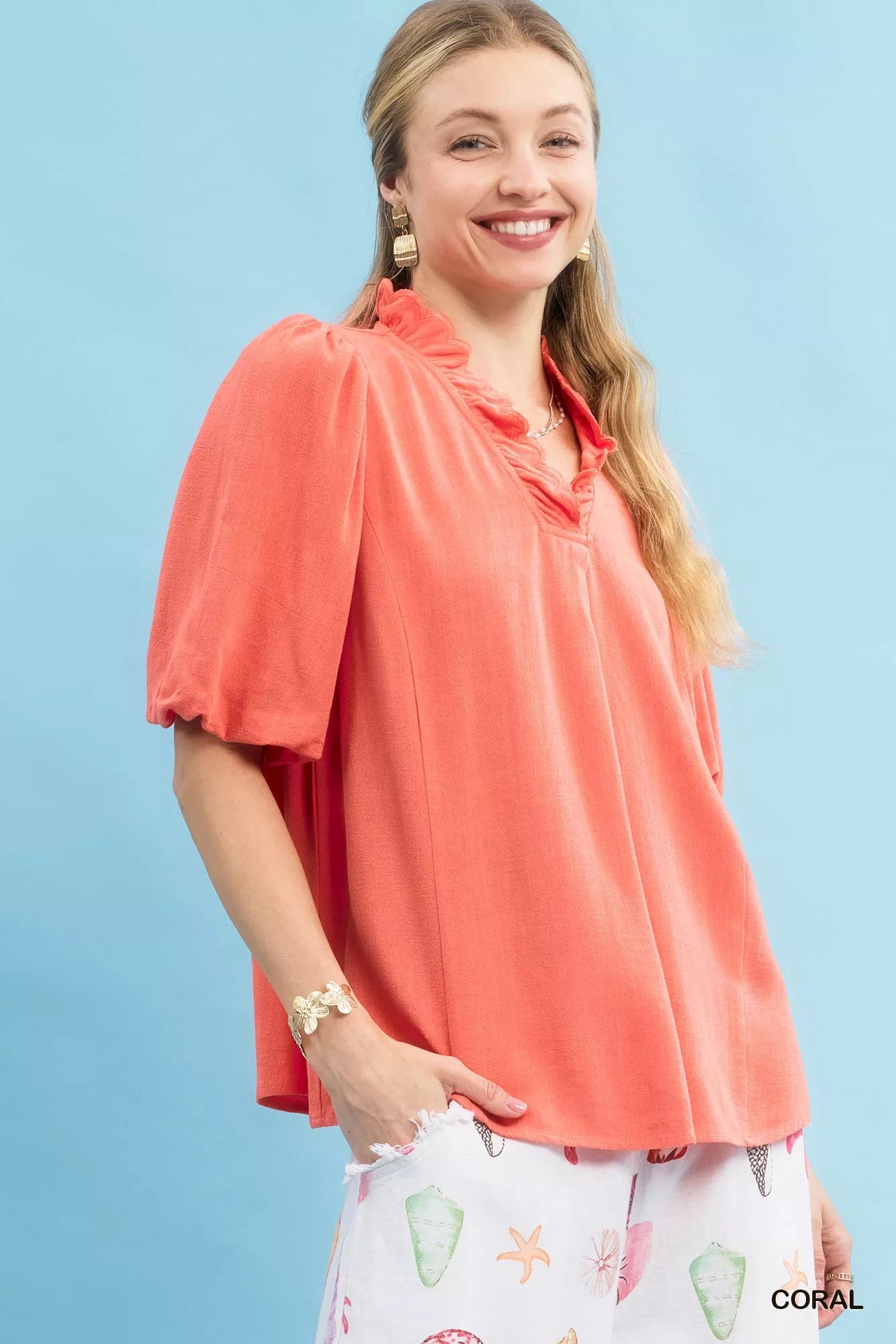 Coral Umgee linen scallop trim V-neck blouse with ruffles and puffed sleeves