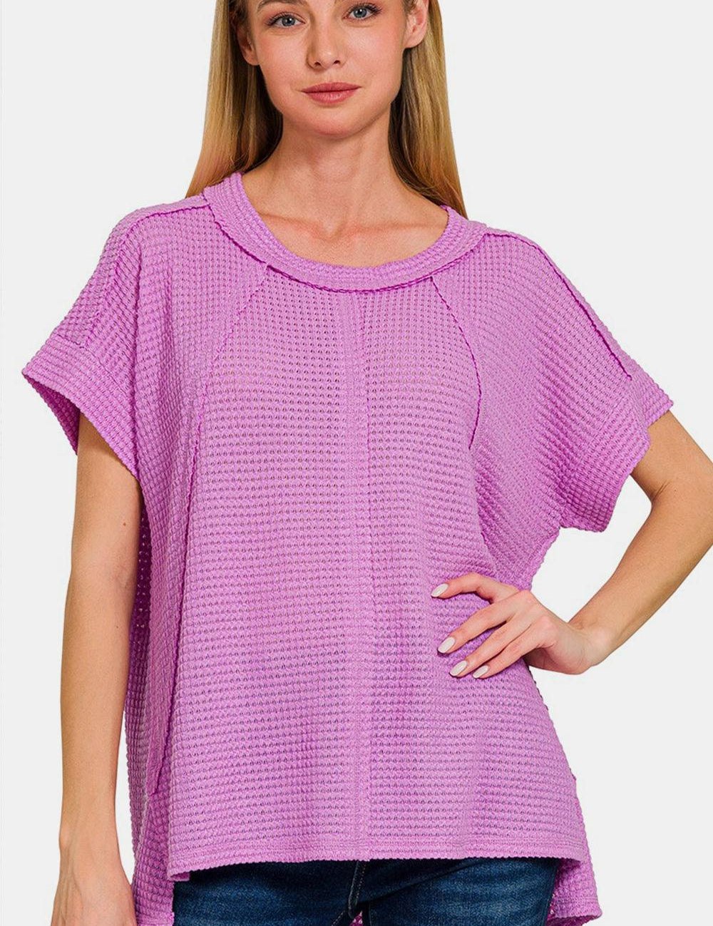 Zenana Waffle Exposed-Seam Short Sleeve T-Shirt Lavender Shirts & Tops