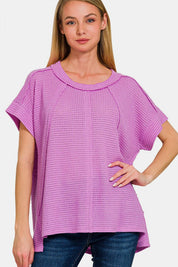 Zenana Waffle Exposed-Seam Short Sleeve T-Shirt Lavender Shirts & Tops