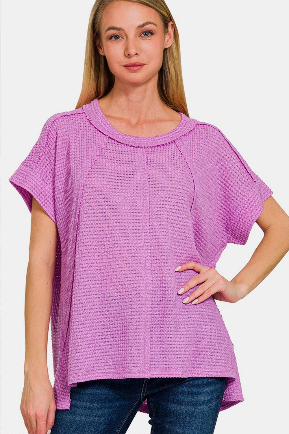 Zenana Waffle Exposed-Seam Short Sleeve T-Shirt Lavender Shirts & Tops