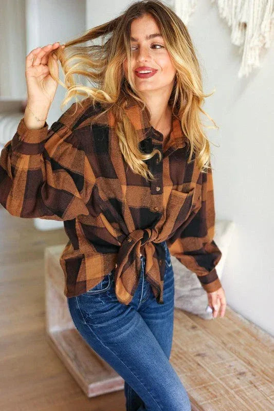 Rock'n Plaid Camel & Charcoal Button Down Oversized Shirt - DAVERRI FASHIONS