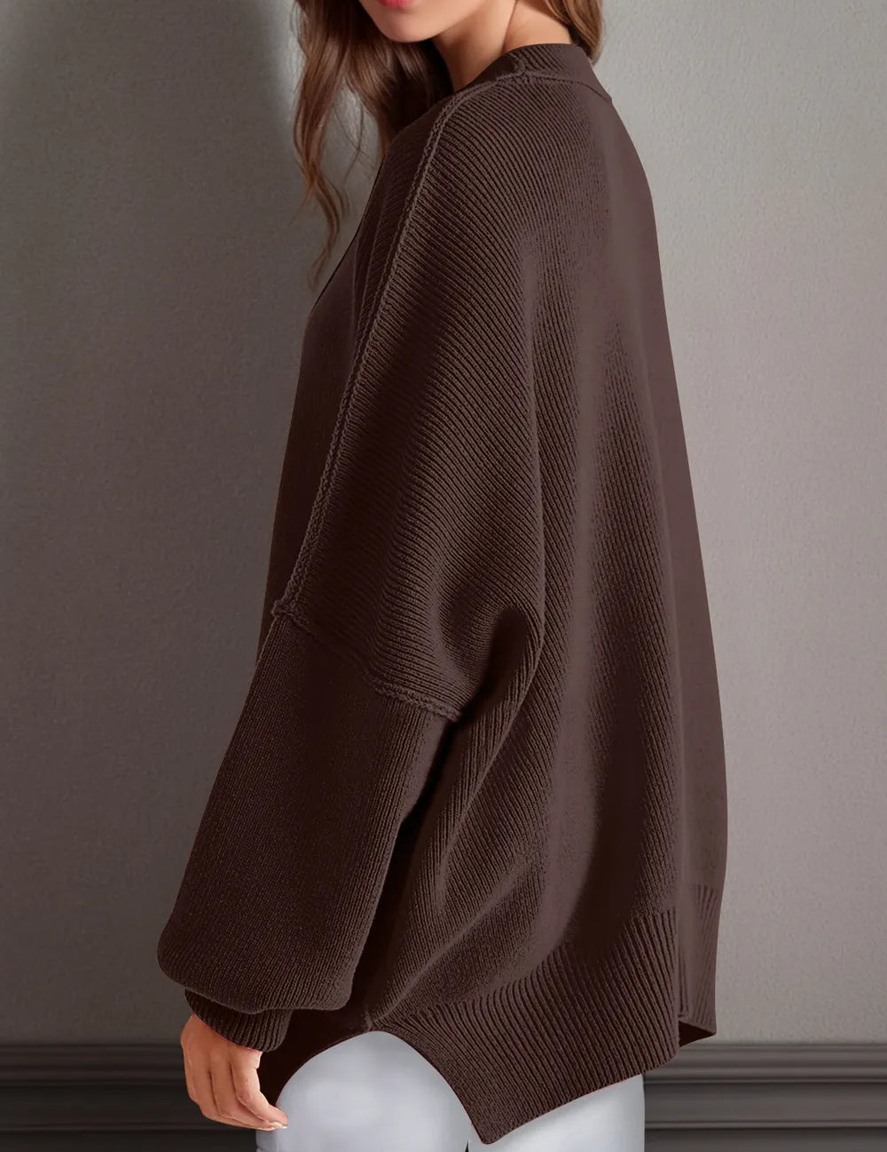 Side Slit Round Neck Long Sleeve Sweater | Sweaters Daverri Fashions