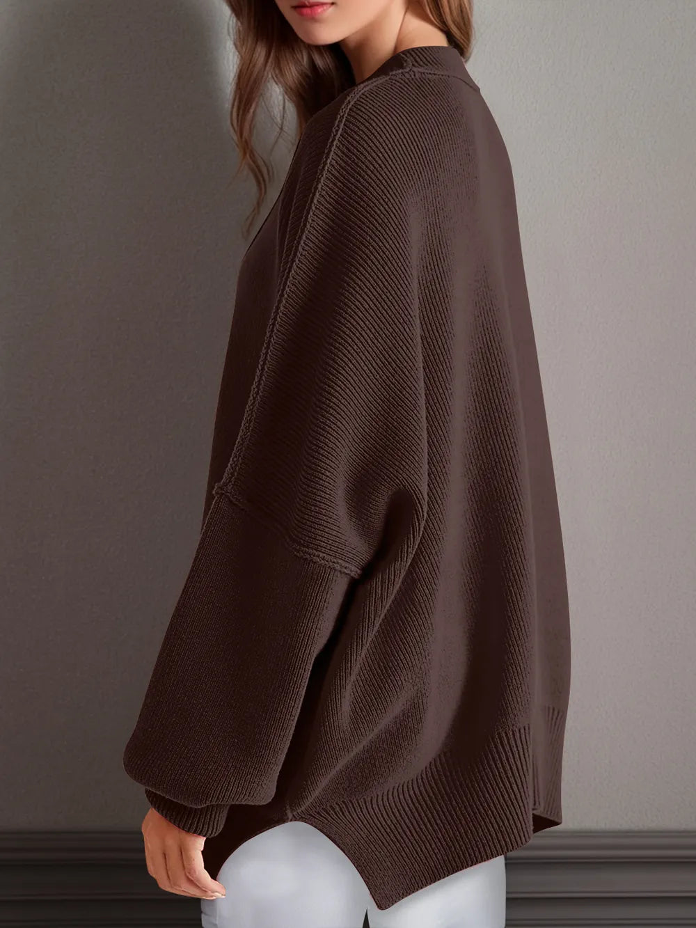Side Slit Round Neck Long Sleeve Sweater | Sweaters Daverri Fashions