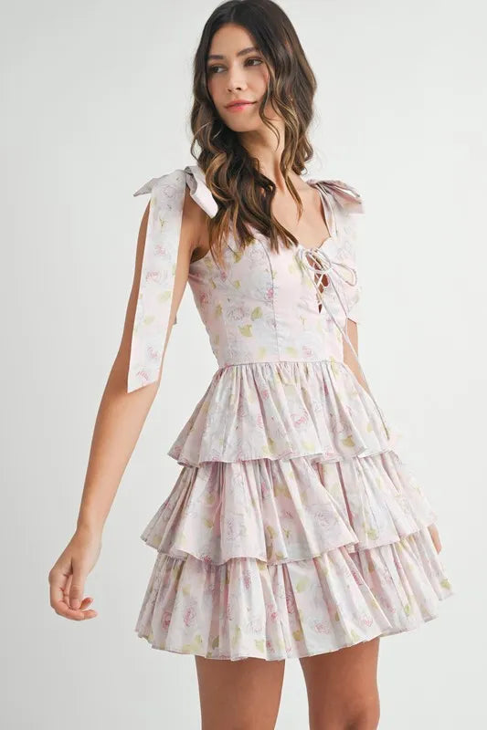 MABLE Floral Print Shoulder Tie Layered Mini Dress Pink M Mini Dresses