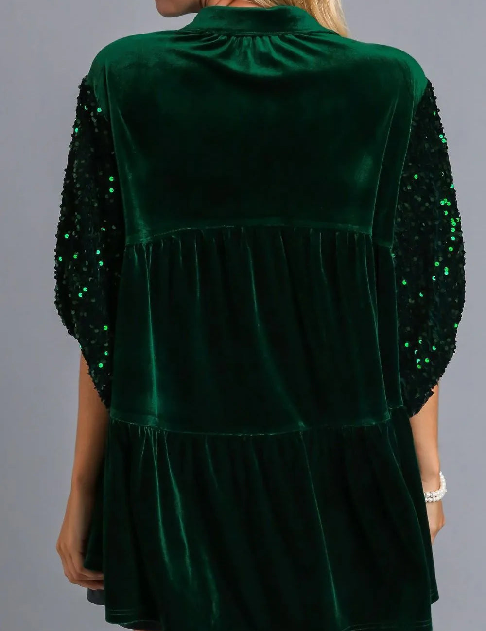 Umgee Sequin Detail Tiered Back Half Sleeve Shirt | Daverri Fashions