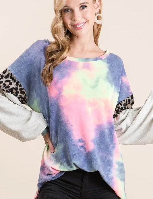 BiBi Tie Dye Terry Top with Contrast Puff Sleeves | Tops Daverri Fashions