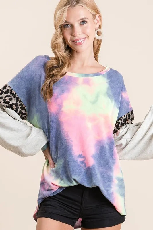BiBi Tie Dye Terry Top with Contrast Puff Sleeves Tops