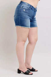 Judy Blue Full Size V-Front Denim Shorts with Shield Pockets Plus Size | Daverri Fashions