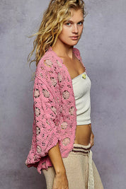 POL Openwork V-Neck Chenille Cardigan with Contrast Floral | Cardigans Daverri Fashions