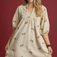 Umgee Corduroy Babydoll Dress with Floral Embroidery Cream