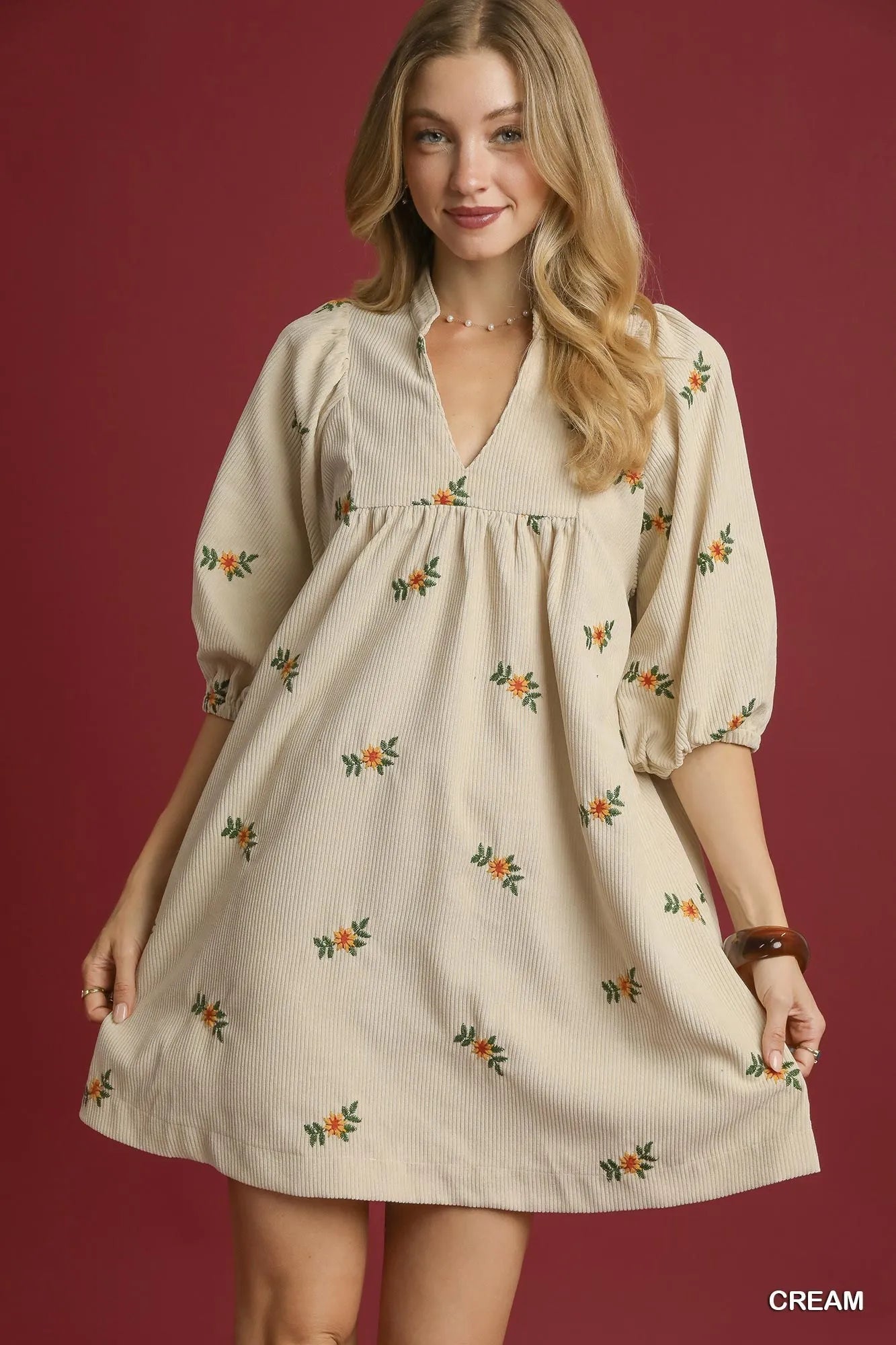 Umgee Corduroy Babydoll Dress with Floral Embroidery Cream