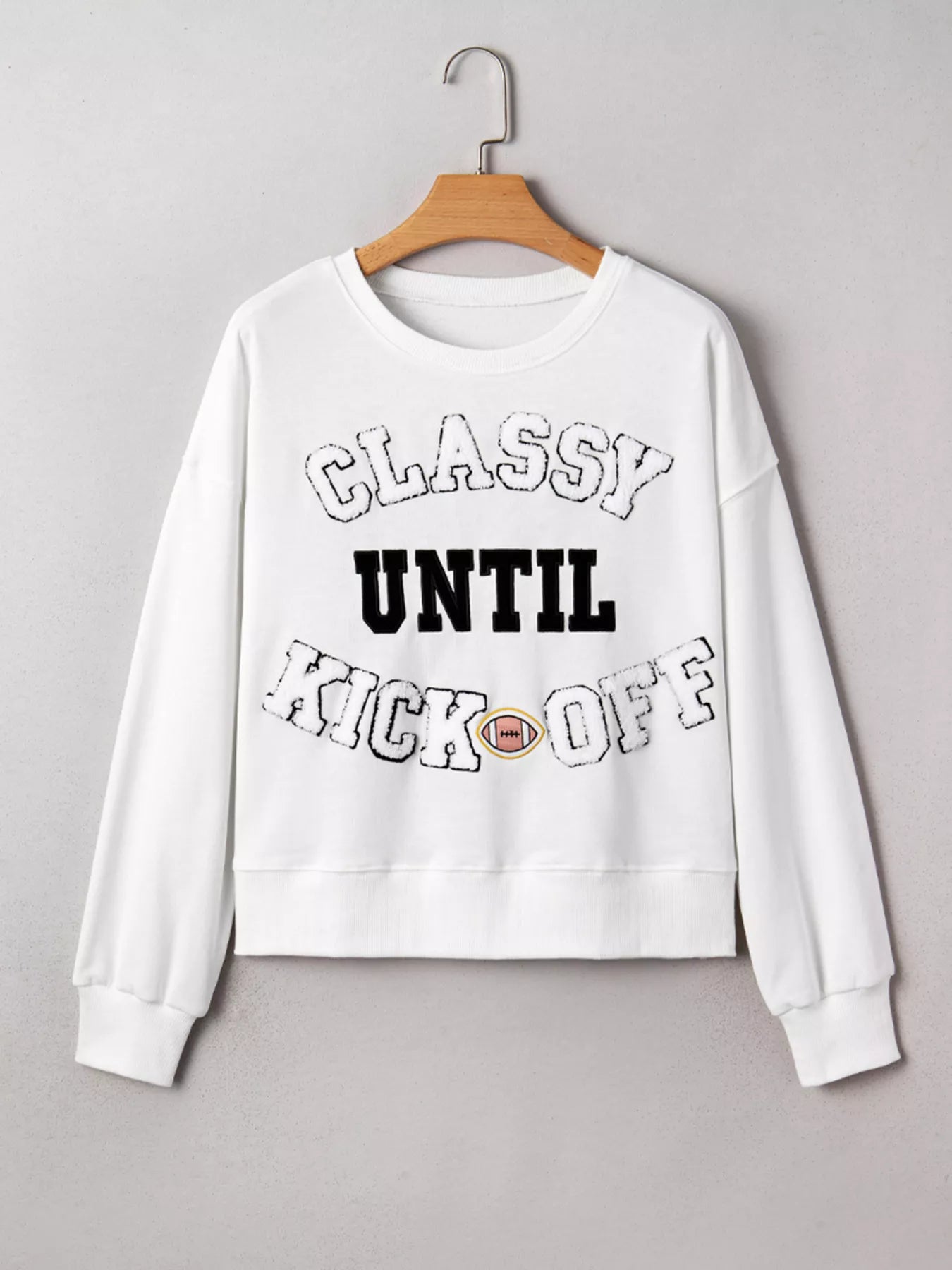 CLASSY UNTIL KICKOFF Plush Letter Patched Loose Sweatshirt | Sweatshirts Daverri Fashions