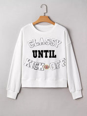 CLASSY UNTIL KICKOFF Plush Letter Patched Loose Sweatshirt | Sweatshirts Daverri Fashions