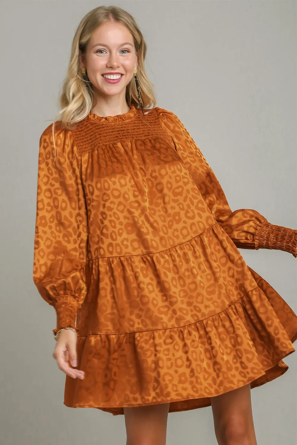 Umgee Smocked Leopard Long Sleeve Tiered Dress Copper M Mini Dresses
