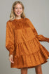 Umgee Smocked Leopard Long Sleeve Tiered Dress Copper M Mini Dresses