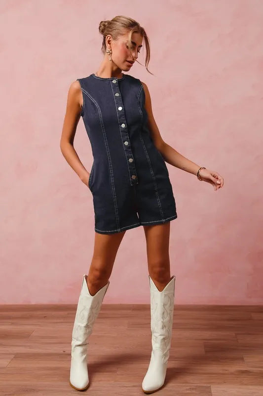 SO ME Button Up Front Washed Denim Sleeveless Romper Rompers