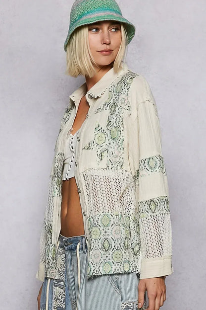POL Printed Crochet Patchwork Button-Up Shirt - DAVERRI FASHIONS