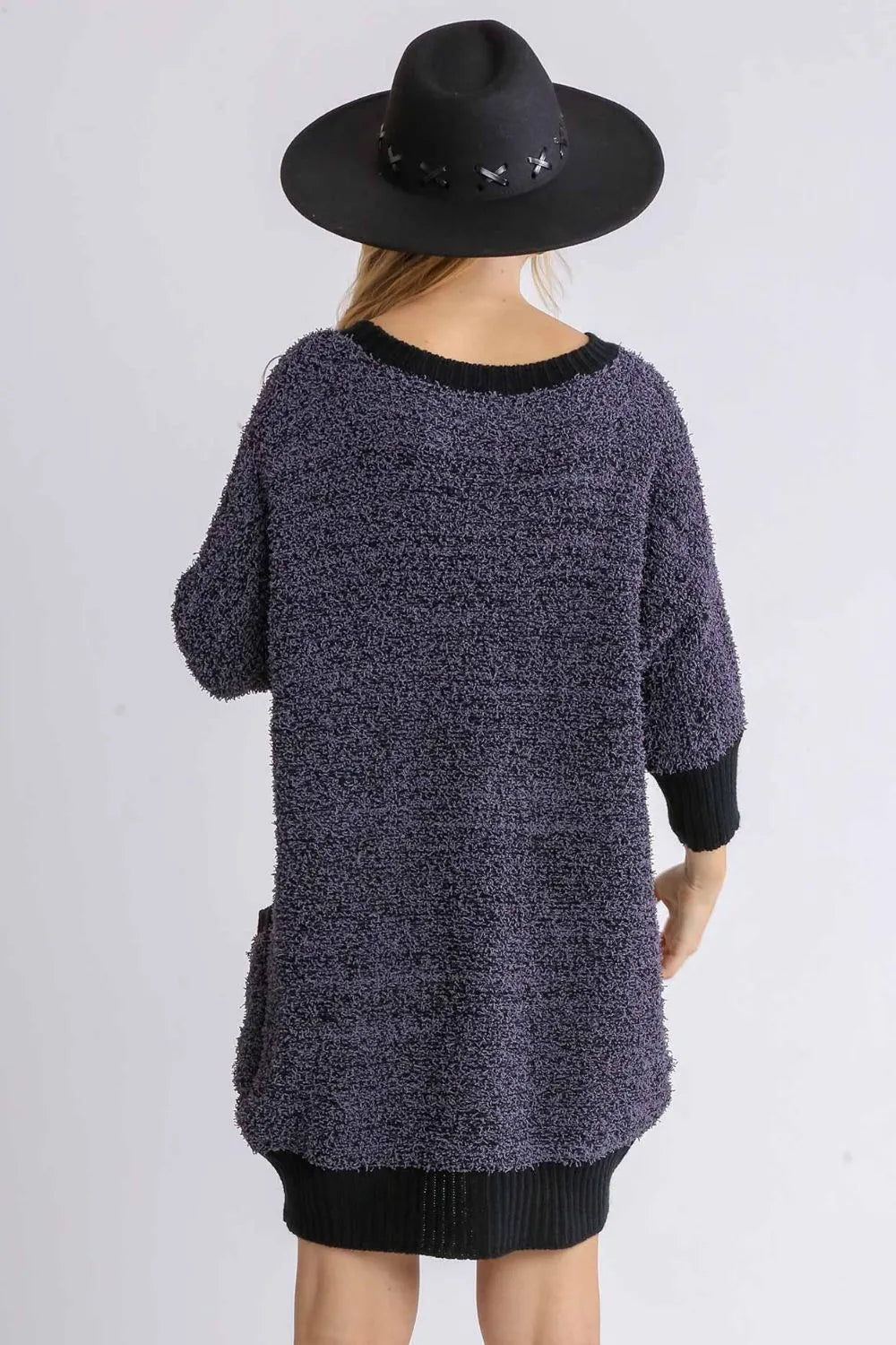 Umgee Full Size Ribbed Hem Round Neck 3/4 Sleeve Sweater Dress with Pockets Plus Size | Daverri Fashions