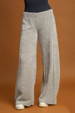 Umgee Elastic Waist Wide Leg Pants Light Grey - DAVERRI FASHIONS
