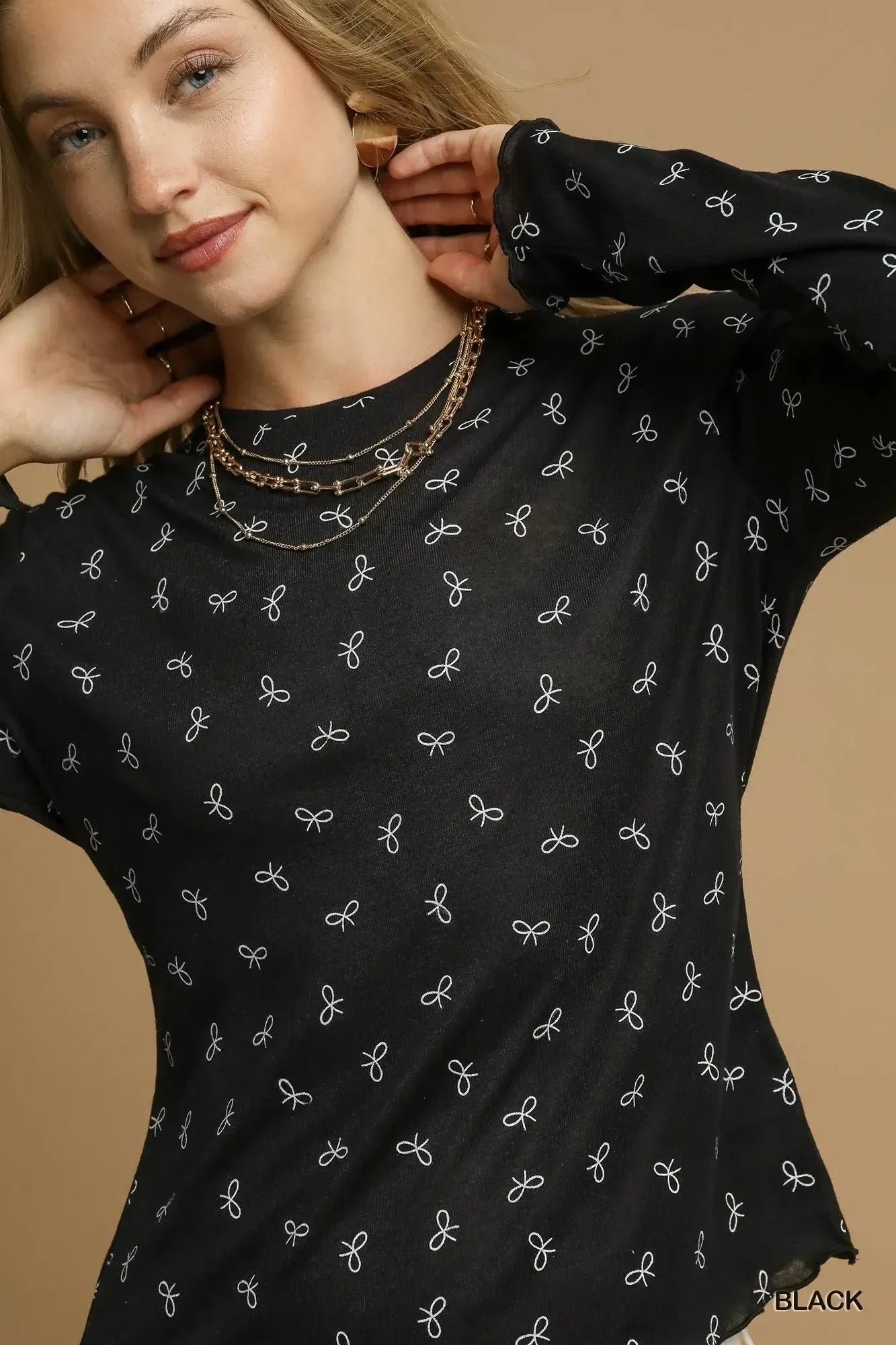 Umgee Bow Print Lightweight Knit Top - DAVERRI FASHIONS