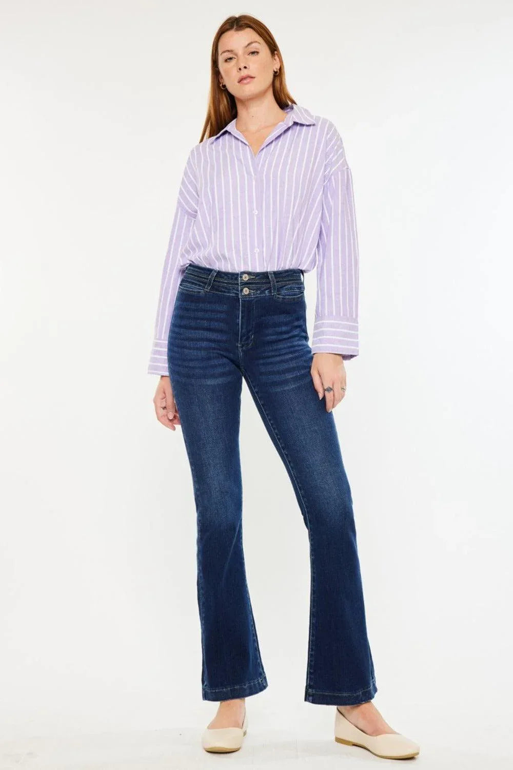 Kancan High Rise Double Waistband Flare Jeans - DAVERRI FASHIONS