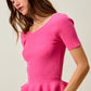 Vibrant fuchsia SO ME ribbed knit short sleeve peplum top