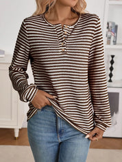 Daverri Fashions brown and white striped long sleeve henley top