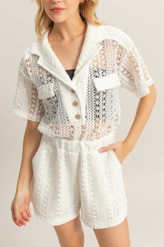 HYFVE Crochet Button Front Short Sleeve Romper Rompers