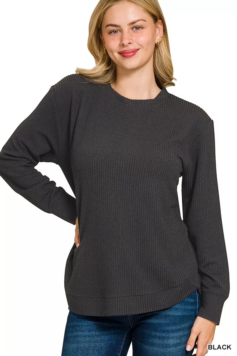 BLACK Zenana Full Size Raised Rib Round Neck Long Sleeve Top Plus Size | Tops Daverri Fashions