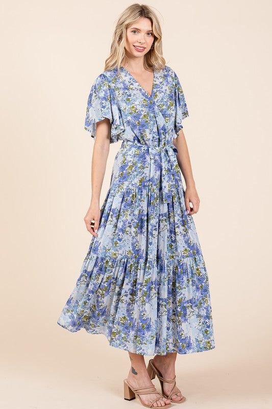 Mittoshop Floral Tie Waist Flutter Sleeve Tiered Dress