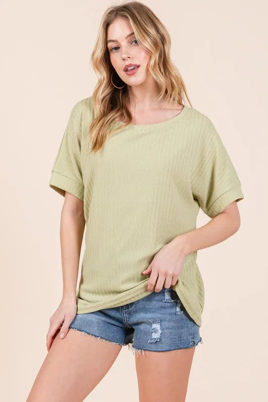 BOMBOM Rib Knit Short Sleeve T-Shirt