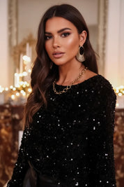 Sequin Round Neck Long Sleeve Blouse | Blouses Daverri Fashions