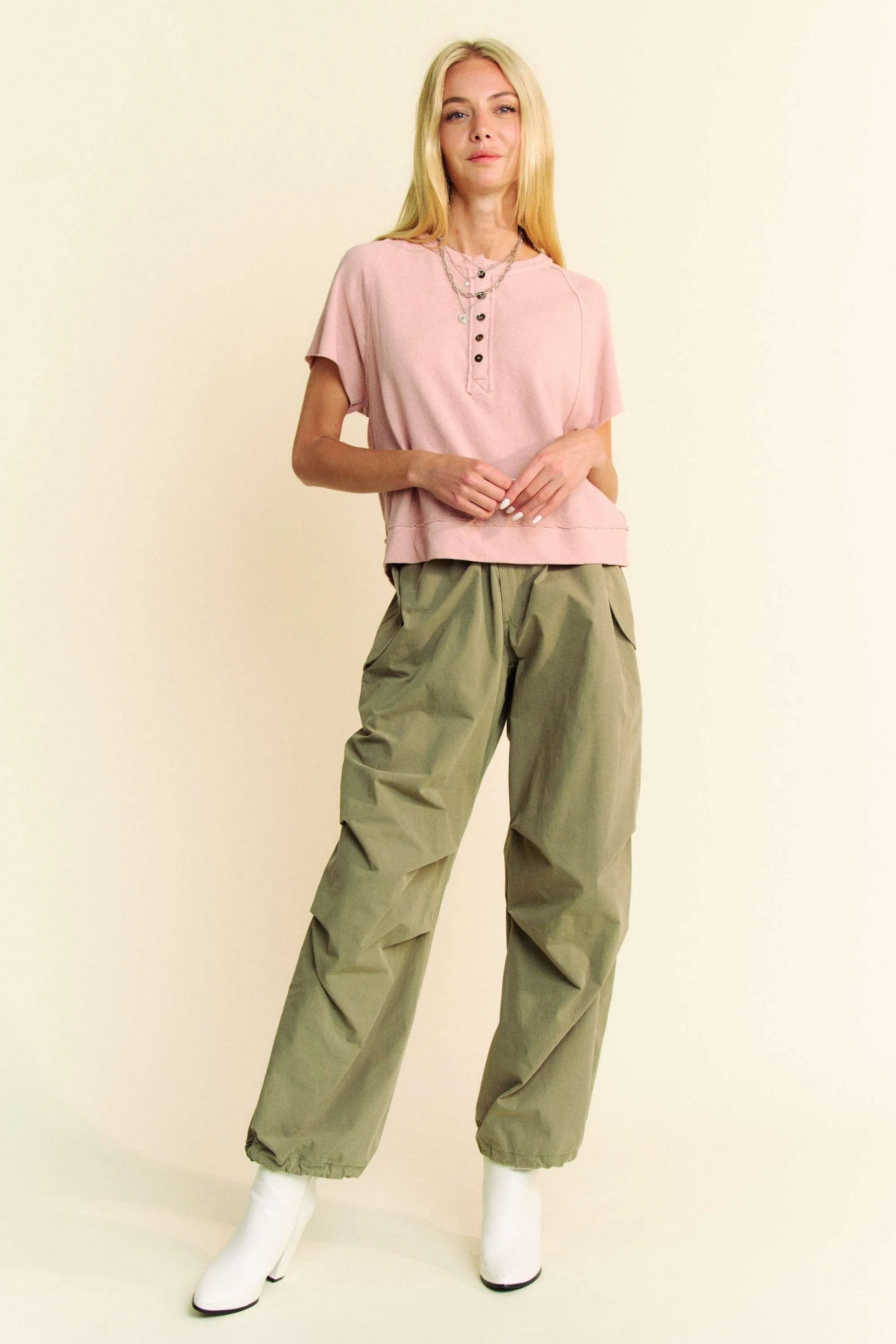 Davi & Dani Breezy Knit pink short-sleeved henley top with buttoned front