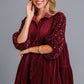 Umgee Sequin Detail Tiered Back Half Sleeve Shirt Wine