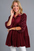 Umgee Sequin Detail Tiered Back Half Sleeve Shirt Wine