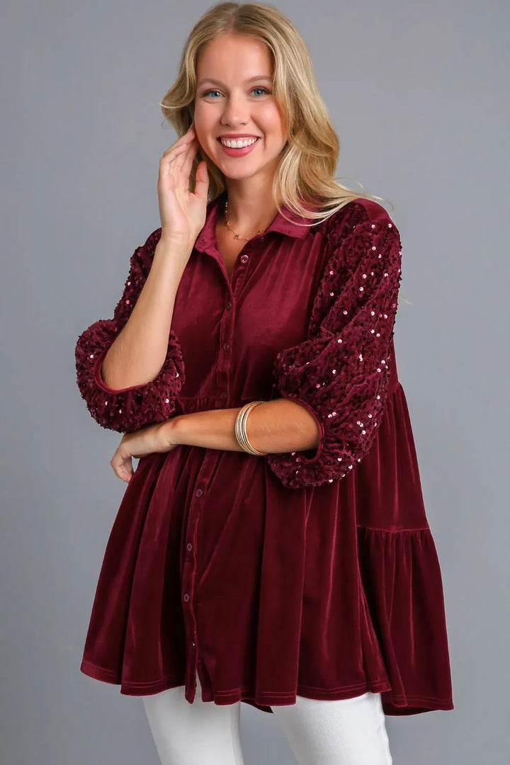 Umgee Sequin Detail Tiered Back Half Sleeve Shirt Wine