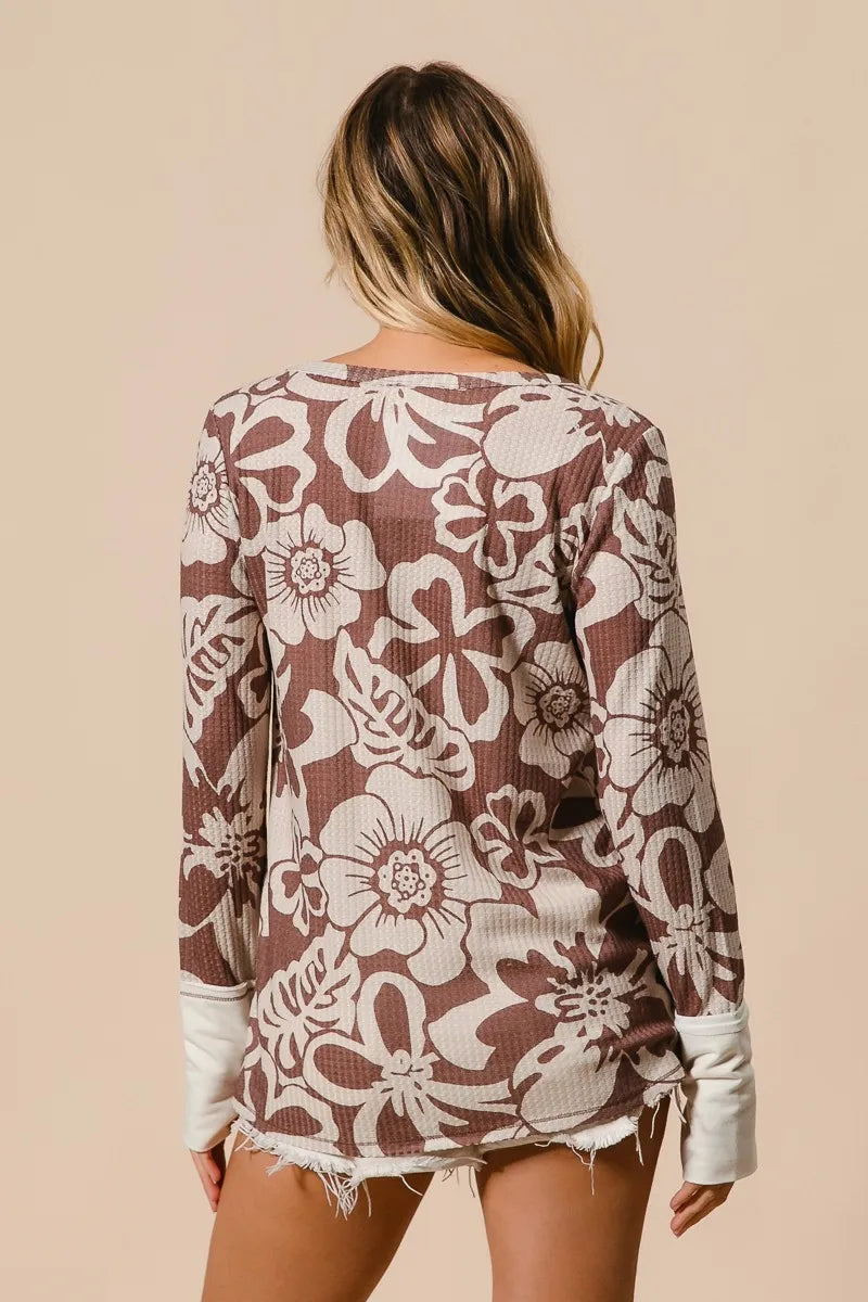 BiBi Flower Printed Waffle Thumb Opening Top Tops