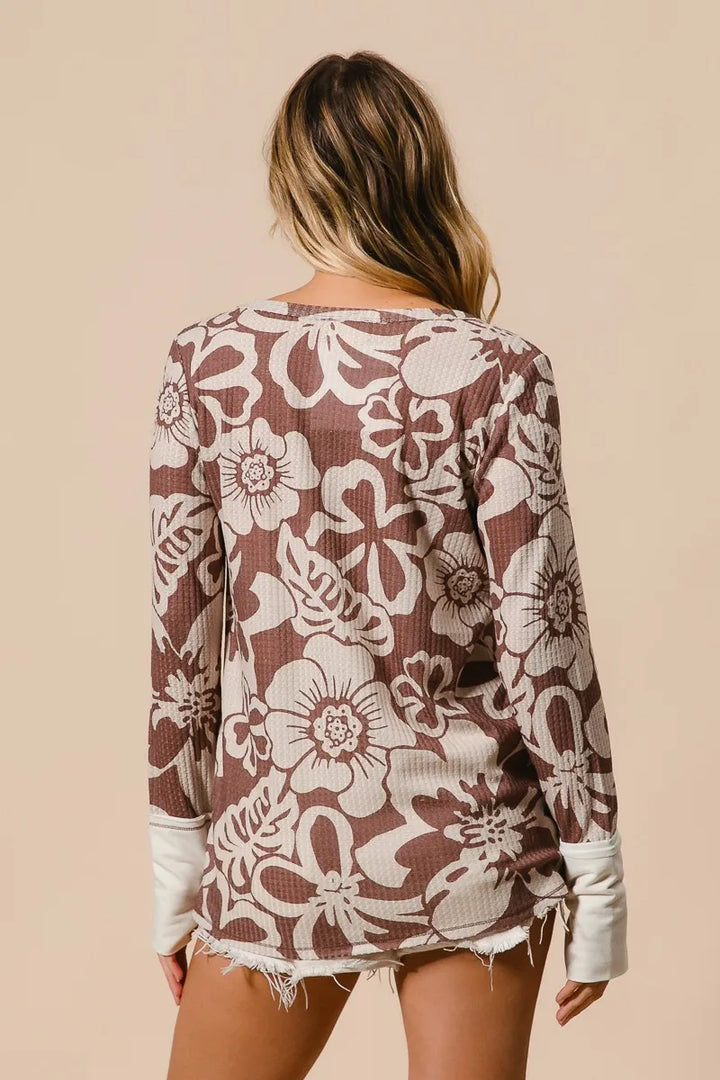 BiBi Flower Printed Waffle Thumb Opening Top Tops