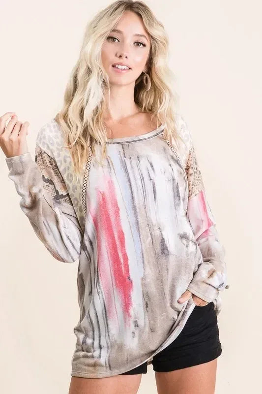 BiBi Tie Dye Knit Top with Print Block Shoulder - DAVERRI FASHIONS