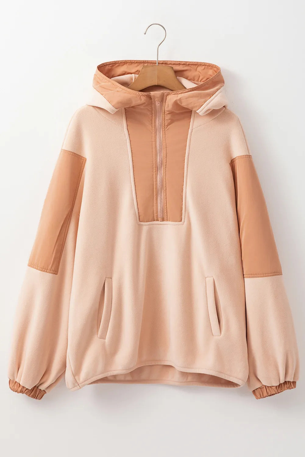 Color Block Half Zip Long Sleeve Hoodie Tan Tops