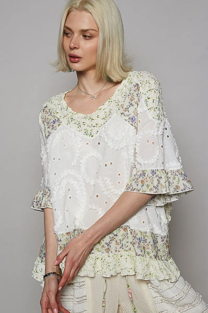 POL Floral Print Eyelet Ruffled Hem Blouse Blouses
