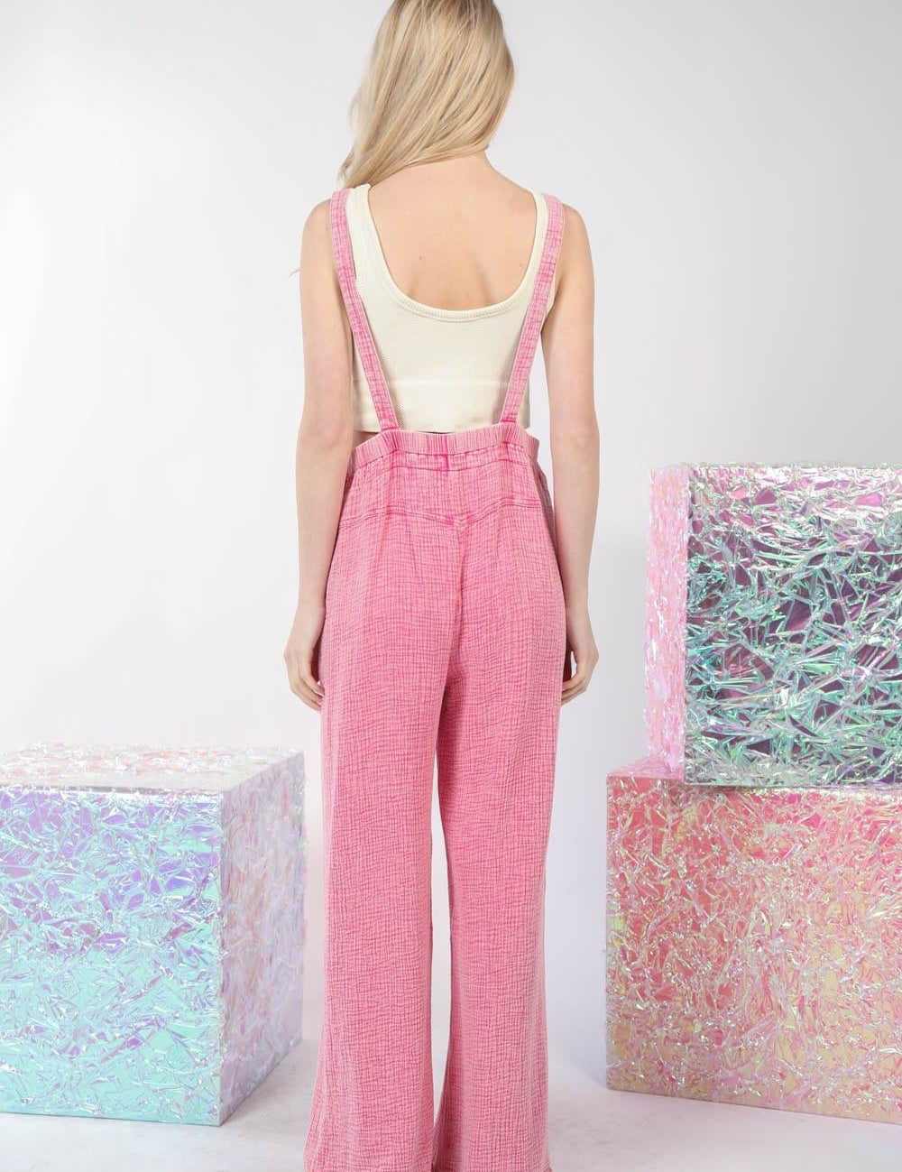 VERY J Texture Washed Wide Leg Overalls Jumpsuits