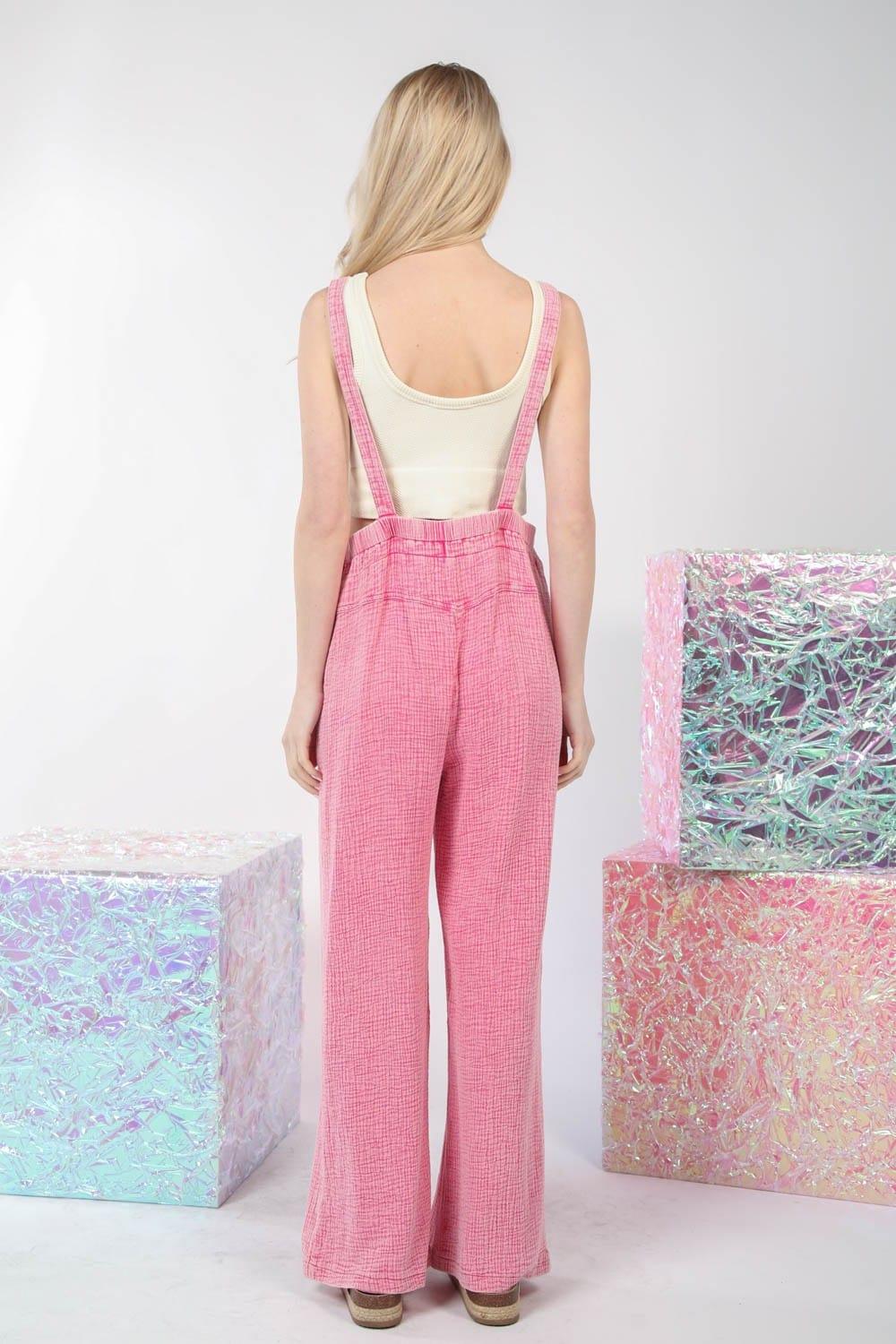 VERY J Texture Washed Wide Leg Overalls Jumpsuits
