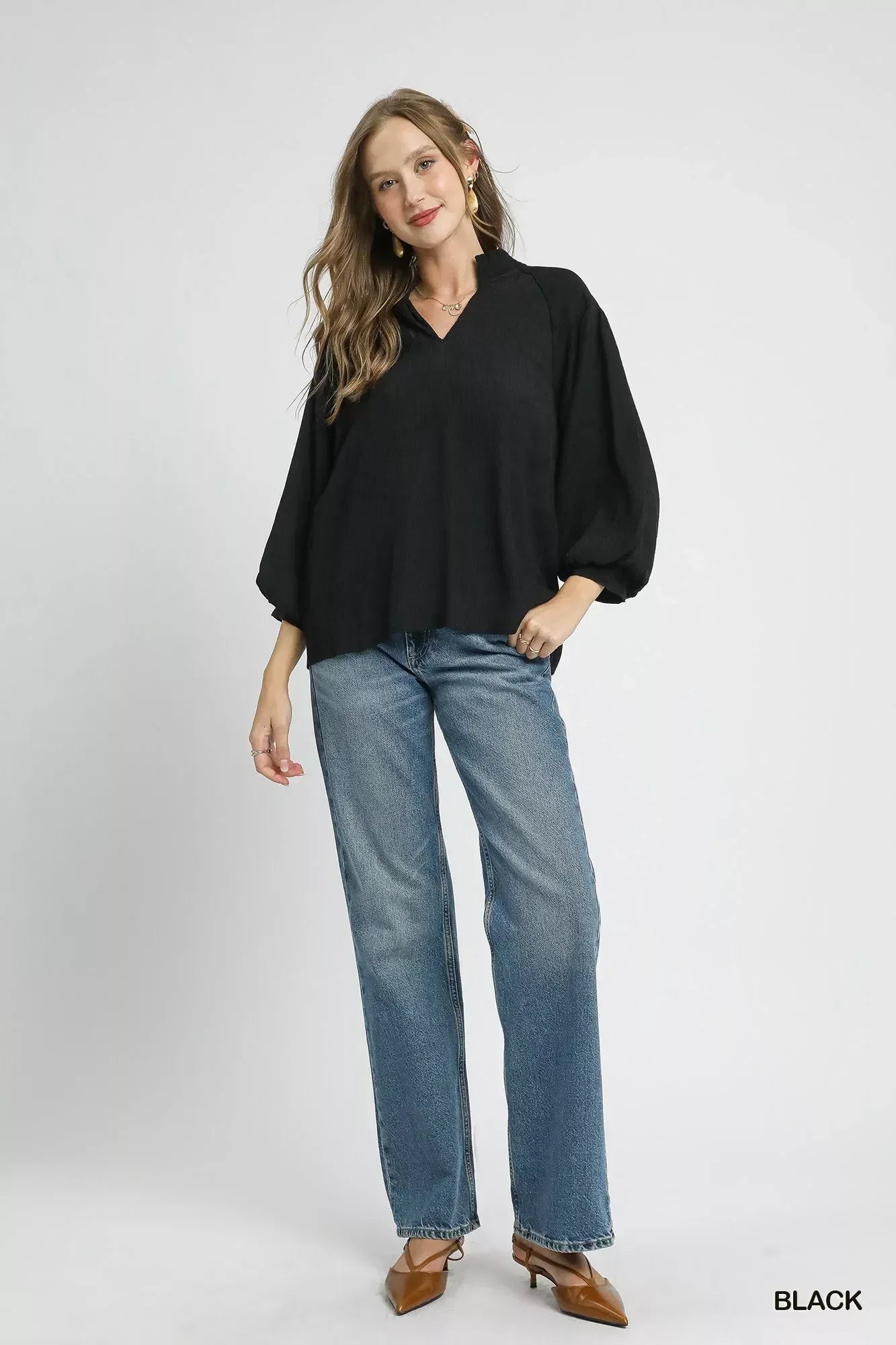 Umgee Textured V-Neck Blouse with Balloon Sleeves - DAVERRI FASHIONS